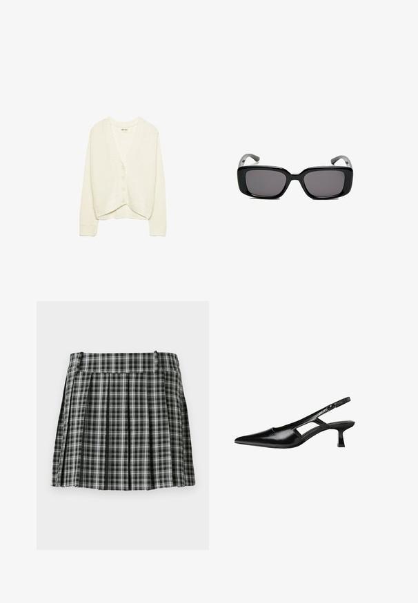 Bjela izrezana kardiganica, pletena tekstura, V-izrez, pet dugmadi sprijeda, rebraste naglaske na rukavima i rubu. Mekani materijal, ležeran dizajn.; Crni top bez rukava od pamuka, s okruglim izrezom i širokim izrezima za ruke. Glatka tekstura s ušivenim rubovima. Klasičan, minimalistički dizajn.; Karirana plisirana suknja u crno-bijeloj boji s glatkim pojasom i više vertikalnih nabora. Izrađena od laganog materijala.; Crne lakirane natikače na remenčić sa špicastim nosom, dizajnom sa izrezima sa strane i malim kvadratnim potplatom. Glatka tekstura s minimalnim akcentima.; Crne pravokutne sunčane naočale s tamnim lećama, glatkim plastičnim okvirom i zakrivljenim državama. Dizajn je masivan s minimalističkom estetikom.