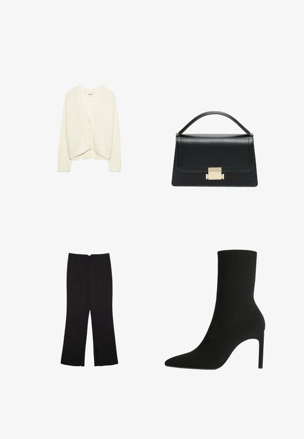 Biała krótka kardigan, dzianinowa tekstura, dekolt w serek, pięć guzików z przodu, prążkowane wykończenia na mankietach i dołach. Miękki materiał, casualowy styl.; Czarny krótki top z długim rękawem, okrągłym dekoltem, gładkim wzorem i lekko zaokrąglonym dołem.; Czarne spodnie o prostym kroju, z przednimi kieszeniami i bocznymi rozcięciami na dole. Wykonane z miękkiego, gładkiego materiału. Odpowiednie na różne okazje.; Czarne botki za kostkę wykonane z miękkiego zamszu, z ostrym noskiem i wysokim obcasem typu stiletto. Minimalistyczny design bez widocznych elementów metalowych ani wzorów.; Czarna skórzana torebka o zorganizowanej konstrukcji, z górną rączką i złotym metalowym zapięciem z przodu. Gładka faktura, minimalne przeszycia.