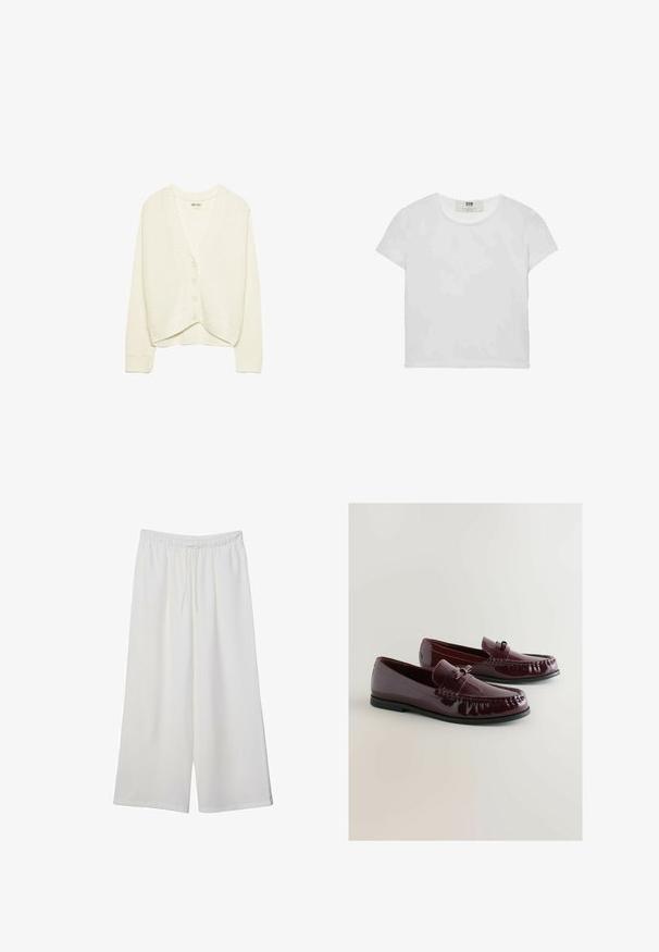 Cardigan court blanc, texture tricotée, col en V, fermeture à cinq boutons à l'avant, accents côtelés aux manches et à l'ourlet. Tissu doux, design décontracté.; T-shirt blanc à manches courtes et col rond, en coton doux, avec un design simple et épuré, sans motifs ni accents visibles.; Pantalons larges blancs en tissu léger, avec une taille élastique et un cordon de serrage pour un ajustement réglable. Texture lisse.; Mocassins en cuir verni bordeaux avec un bout arrondi, une sangle décorative et des détails de couture subtils. Semelle en caoutchouc noire.