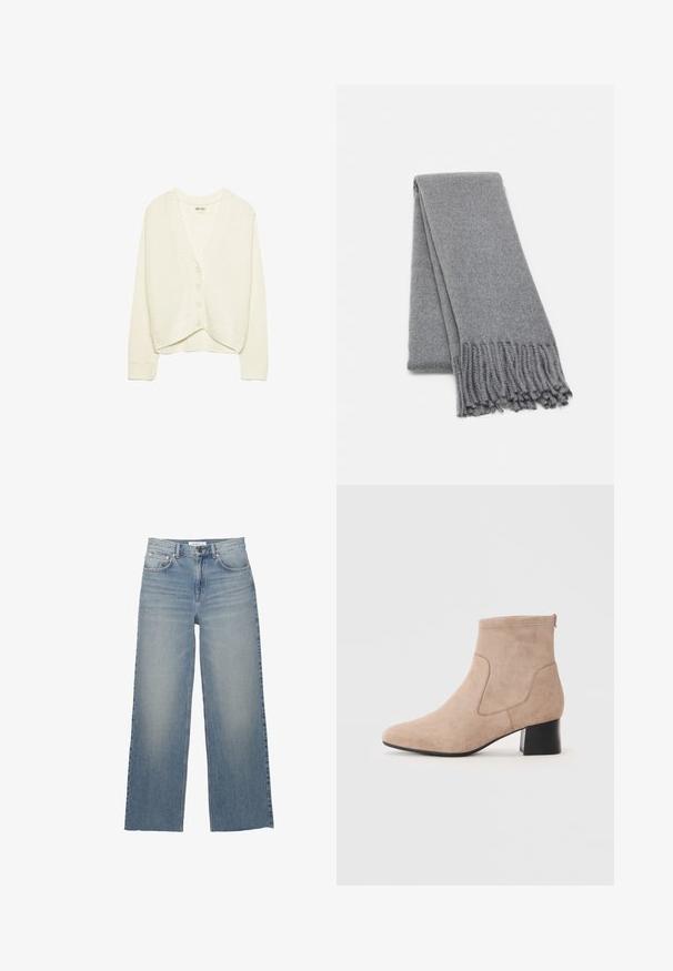 Cardigan corto bianco, texture lavorata a maglia, scollo a V, chiusura frontale con cinque bottoni, accenti a coste su polsini e orlo. Tessuto morbido, design casual.; Due magliette a maniche corte, una bianca e una nera, realizzate in cotone. Entrambe presentano un colletto rotondo e un design semplice e classico.; Jeans a gamba larga di un azzurro chiaro, realizzati in denim, con vita alta, tasche frontali e chiusura con bottone. Texture liscia con zone sbiadite.; Stivaletti in camoscio beige con punta tonda, pannelli laterali elastici e tacco largo con una finitura nera liscia.; Sciarpa in lana grigia con una consistenza morbida, caratterizzata da bordi frangiati e un design semplice. Piegata ordinatamente, mette in risalto la sua forma allungata.