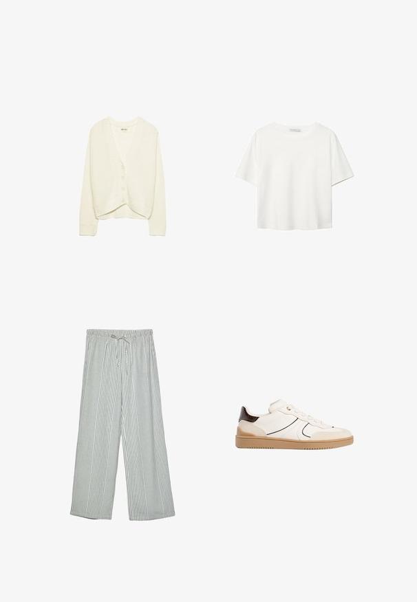 Cardigan court blanc, texture tricotée, col en V, fermeture à cinq boutons à l'avant, accents côtelés aux manches et à l'ourlet. Tissu doux, design décontracté.; T-shirt blanc à manches courtes en coton. Doté d'un col ras du cou et d'une coupe décontractée. Texture lisse sans motifs ni accents visibles.; Pantalons légers à jambes larges avec un motif rayé vertical vert et blanc. Présentent une taille élastique avec une fermeture à cordon.; Stradivarius Baskets basses - white