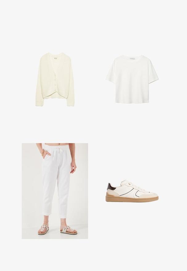 Valkoinen lyhyt neuletakki, neulottu rakenne, V-pääntie, viiden napin etulukitus, kiehkuroita hihansuissa ja helmassa. Pehmeä kangas, rento muotoilu.; Valkoinen lyhythihainen T-paita, joka on tehty puuvillasta. Siinä on pyöreä kaula-aukko ja rento malli. Silkkinen pinta ilman näkyviä kuvioita tai koristeita.; Valkoiset lyhyet housut, joissa on teksturoitu kangas, joustava vyötärö ja nyöri. Yhdistetty koristeellisiin sandaaleihin, joissa on korkkipohja.; Stradivarius Matalavartiset tennarit - white