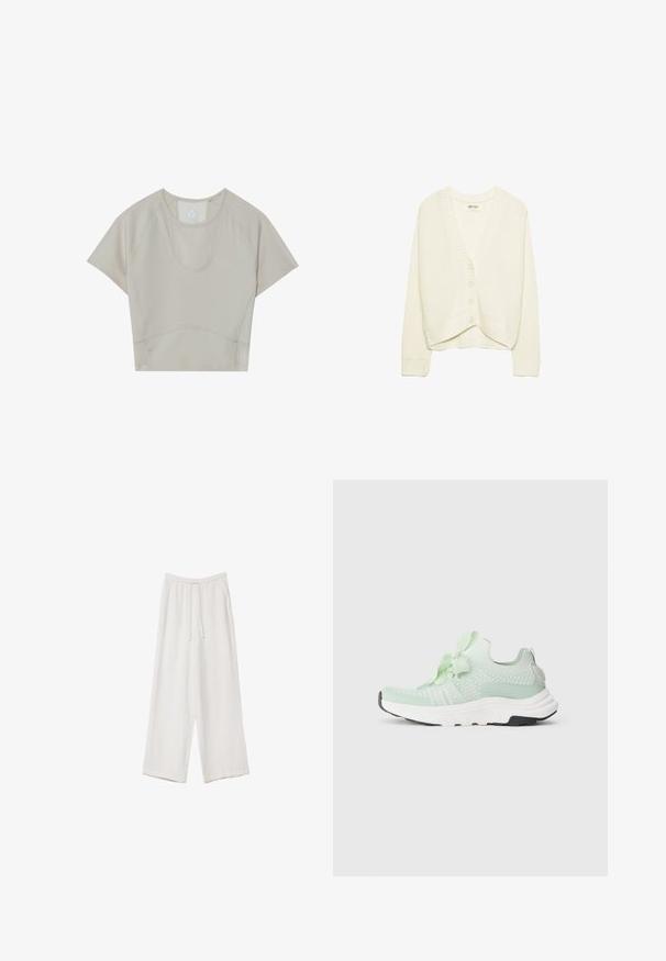 Weißer kurzes Strick-Cardigan, gestrickte Textur, V-Ausschnitt, Frontverschluss mit fünf Knöpfen, gerippte Akzente an den Bündchen und dem Saum. Weicher Stoff, lässiges Design.; Beige Freizeit-Crop-Top mit kurzen Ärmeln, rundem Ausschnitt und Nahtdetails. Hergestellt aus leichtem, dehnbarem Stoff für Komfort.; Weiße weit geschnittene Hose aus leichtem Stoff. Mit einem elastischen Bund und Kordelzug sowie Seitentaschen. Glatte Textur.; Hellgrüner Sportschuh mit gestricktem Obermaterial, strukturierten Akzenten und gepolstertem Schaft. Verfügt über eine dicke weiße Zwischensohle und schwarze Außensohle.