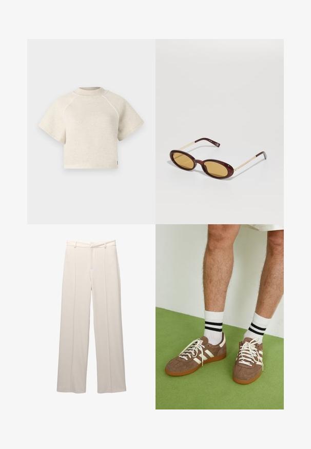 Biely skrátený kardigán, pletená textúra, výstrih do V, predné zapínanie na päť gombíkov, pružné detaily na manžetách a dolnom okraji. Mäkka tkanina, ležérny dizajn.; Zkrátené tričko s krátkym rukávom v svetlo béžovej farbe s jemnou textúrou. Má rebrovaný výstrih a kontrastné švy.; Svetlé béžové nohavice s širokými nohavicami a hladkým povrchom. Obsahujú priliehavý pás, predné skladanie a nemajú viditeľné vrecká.; Hnedé zamatové tenisky s bielymi akcentmi a šnúrkami. Gumová podrážka. Nosené s bielymi ponožkami so čiernymi pruhmi. Zelená textúrovaná podlaha.; Ovalné slnečné okuliare s tmavočerveným želvovinovým povrchom, žltými šošovkami a tenkými zlato-tonovanými rámami.; Tkaná slamenná taška s uvoľneným tvarom, béžovej farby, V-otvorom a koženou značkou na spodnej strane. Mäkka textúra.