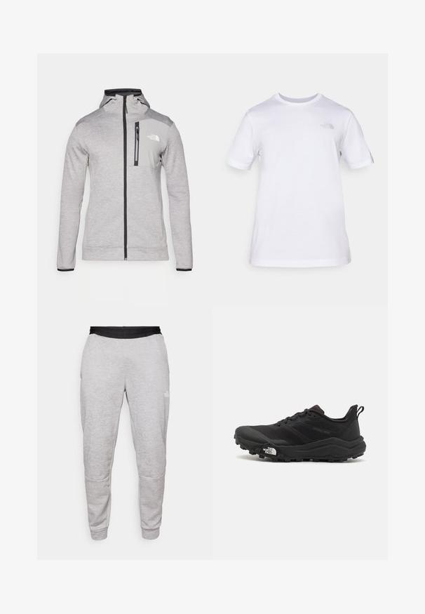 The North Face MOUNTAIN ATHLETICS FULL ZIP  - Camisola com fecho - pale grey heather/meld grey; T-shirt de algodão branca com mangas curtas e decote redondo. Apresenta um pequeno logótipo cinza no lado esquerdo do peito. Textura suave, ajuste padrão.; The North Face PANT - Calças de fato de treino - pale grey heather/meld grey; Sapatilha de trail running preta com um upper texturizado, sola de borracha e biqueira reforçada. Possui um colarinho acolchoado e uma alça para facilitar o calçar.
