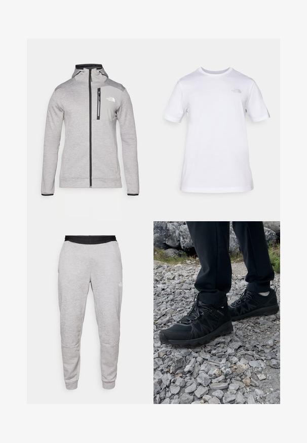 The North Face MOUNTAIN ATHLETICS FULL ZIP JACKET - Jakna iz flisa - pale grey heather/meld grey; Bela bombažna majica s kratkimi rokavi in krožnim izrezom. Ima majhen sivi logo na levem prsnem delu. Gladka tekstura, standardna velikost.; The North Face MOUNTAIN ATHLETICS PANT - Spodnji deli trenirk - pale grey heather/meld grey; Črne zunanje čevlje iz mrežastega in sintetičnega materiala, s teksturiranim zgornjim delom, zavarovanim sistemom vezalk in trdim podplatom, na skalnatem terenu.