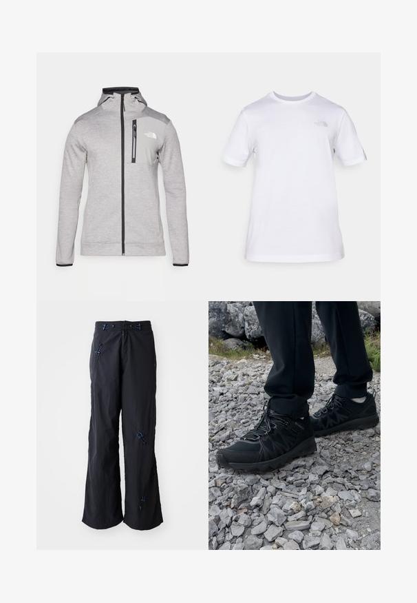The North Face MOUNTAIN ATHLETICS FULL ZIP JACKET - Fleece jacket - pale grey heather/meld grey; White cotton t-shirt with short sleeves and a crew neck. Features a small gray logo on the left chest. Smooth texture, standard fit.; Black, lightweight, wide-leg pants with a textured finish. Features blue accents and toggles for adjustability. Zipper closure.; Black outdoor shoes with mesh and synthetic material, featuring a textured upper, secured lacing system, and a rugged outsole, on rocky terrain.