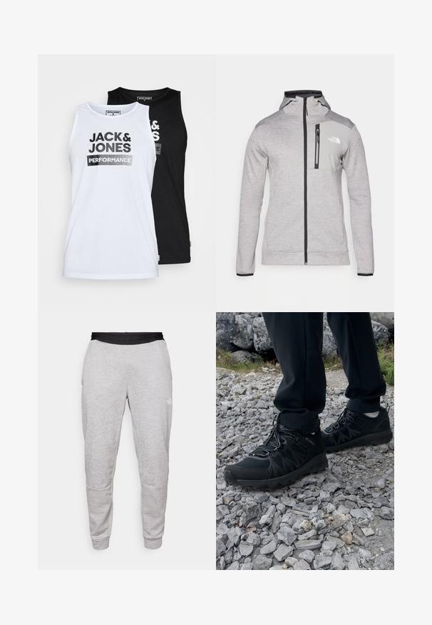 The North Face MOUNTAIN ATHLETICS FULL ZIP JACKET - Fleecetakki - pale grey heather/meld grey; Kaksi hihattomia toppia, valkoinen ja musta. Kangas on sileää puuvillaa. Edessä on ”JACK & JONES PERFORMANCE” rohkealla mustalla tekstillä.; The North Face PANT - Verryttelyhousut - pale grey heather/meld grey; Mustat ulkokengät, joissa on verkko- ja synteettinen materiaali, teksturoitu päällinen, varma nauhoitusjärjestelmä ja kestävä pohja kivikkoisella maastolla.