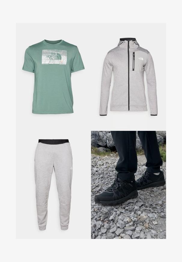 The North Face MOUNTAIN ATHLETICS FULL ZIP - Sudadera con cremallera - pale grey heather/meld grey; Camiseta de manga corta verde hecha de una tela suave, con un diseño gráfico blanco que presenta líneas de contorno y el texto "THE NORTH FACE".; The North Face PANT - Pantalones deportivos - pale grey heather/meld grey; Zapatos exteriores negros con malla y material sintético, que presentan un upper texturizado, un sistema de cordones seguro y una suela robusta, sobre terreno rocoso.