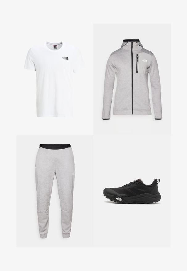 The North Face MOUNTAIN ATHLETICS FULL ZIP  - Sweatjakke - pale grey heather/meld grey; Hvit bomulls T-skjorte med korte ermer, rund utringning og en liten svart logo på øvre venstre bryst. Glatt tekstur, avslappet passform.; The North Face PANT - Joggebukse - pale grey heather/meld grey; Svart terrengløpesko med teksturert overdel, gummisåle og forsterket tåhette. Har polstret krage og løftestropp for enkel påkledning.