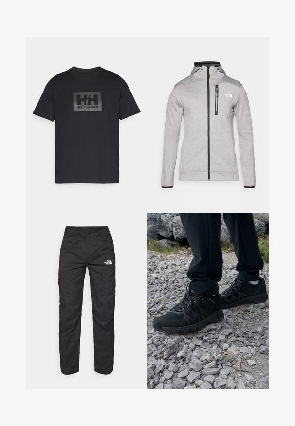 The North Face MOUNTAIN ATHLETICS FULL ZIP JACKET - Jakna od flisa - pale grey heather/meld grey; Crna pametna majica kratkih rukava s pravokutnim siva logotip u sredini koji prikazuje "HH" i "HELLY HANSEN" ispod.; Crne cargo hlače izrađene od lagane tkanine. Imaju bočne džepove sa patentnim zatvaračem i logo na lijevom bedru. Dizajn ravnih nogavica.; Crne vanjske cipele s mrežastim i sintetičkim materijalom, s teksturiranim gornjim dijelom, osiguranim sustavom vezanja i čvrstim potplatom, na stjenovitom terenu.