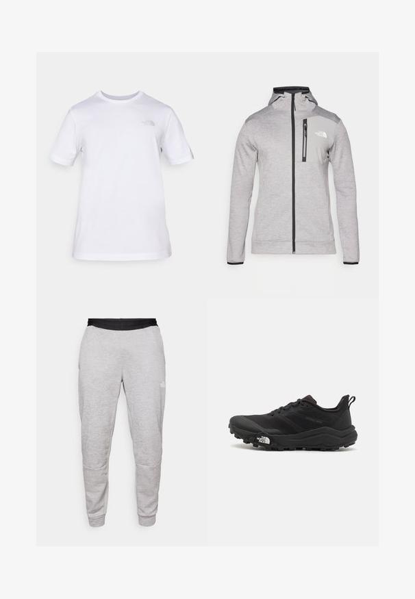 The North Face MOUNTAIN ATHLETICS FULL ZIP  - Sudadera con cremallera - pale grey heather/meld grey; Camiseta de algodón blanca con mangas cortas y cuello redondo. Presenta un pequeño logotipo gris en el lado izquierdo del pecho. Textura suave, ajuste estándar.; The North Face PANT - Pantalones deportivos - pale grey heather/meld grey; Zapatilla de trail running negra con upper texturizado, suela de goma y puntera reforzada. Presenta un collar acolchado y una lengüeta para poner y quitar fácilmente.