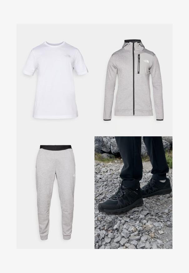 The North Face MOUNTAIN ATHLETICS FULL ZIP JACKET - Fleecejas - pale grey heather/meld grey; Witte katoenen t-shirt met korte mouwen en een ronde hals. Heeft een klein grijs logo op de linkerkant van de borst. Soepele textuur, standaard pasvorm.; The North Face PANT - Trainingsbroek - pale grey heather/meld grey; Zwarte buitenschoenen van mesh en synthetisch materiaal, met een gestructureerd bovenwerk, een beveiligd vetersysteem en een robuuste zool, op een ruig terrein.