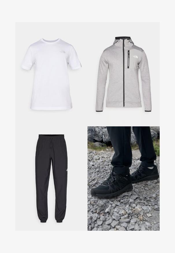 The North Face MOUNTAIN ATHLETICS FULL ZIP - Sweater met rits - pale grey heather/meld grey; Witte katoenen t-shirt met korte mouwen en een ronde hals. Heeft een klein grijs logo op de linkerkant van de borst. Soepele textuur, standaard pasvorm.; Zwarte sportieve broek gemaakt van lichtgewicht stof, met een trekkoord in de taille, zijzakken en taps toelopende boorden bij de enkels.; Zwarte buitenschoenen van mesh en synthetisch materiaal, met een gestructureerd bovenwerk, een beveiligd vetersysteem en een robuuste zool, op een ruig terrein.