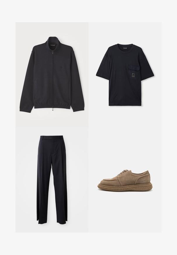 Saspiesta tumši zila jaka, izgatavota no teksturēta auduma, ar stāvu apkakli, divām sānu kabatām un diskrētu logo uz krūšu daļas.; Melnas īsām piedurknēm kreklu ar apaļu kakla izgriezumu un kabatu uz kreisā krūšu, kas ļauj redzēt nelielu taisnstūra formas logo plāksteri.; Melnas, augstās vidukļa bikses ar platām kājām, izgatavotas no gludas auduma. Iezīmē priekšējās krokas un jostas cilpas. Minimalistisks dizains, bez redzamām detaļām.; Brūni zamša kurpes ar auklēm, noapaļota purngala forma, teksturēta korķa zole un nedaudz paaugstināts papēdis. Vienkārši izšuvumi sānos.