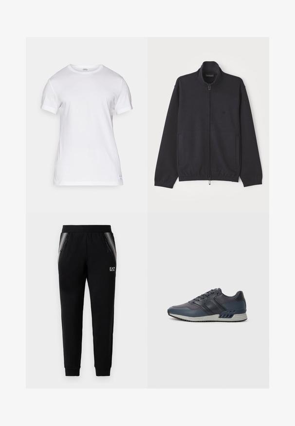 Zipped navy jacket made of textured fabric, featuring a stand collar, two side pockets, and a subtle logo on the chest.; White cotton T-shirt with short sleeves, crew neckline, and a straight cut. Features a small brand label on the left hem. Soft texture.; Black tapered sweatpants with zippered side pockets, striped panel accents, elastic waistband, and EA7 Emporio Armani logo on the right thigh.; Men's athletic shoe in dark navy with mesh and synthetic upper. Features lace-up design, padded collar, and rubber sole with textured grip.