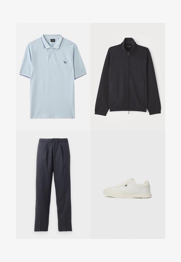 Navy jakke med glidelås laget av teksturert stoff, med ståkrage, to sidelommer og en subtil logo på brystet.; Lyseblå polo-skjorte med lilla krageakenter, tre frontknapper og en liten brodert sebra-logo på venstre bryst.; Mørkeblå bukser laget av mykt stoff med plisserte detaljer foran og elastisk midje. Har knappelukking og rett ben.; Lavtoppet hvit sneaker med snøring foran, glatt såle og liten metallisk logo på siden, vist mot en enkel bakgrunn.