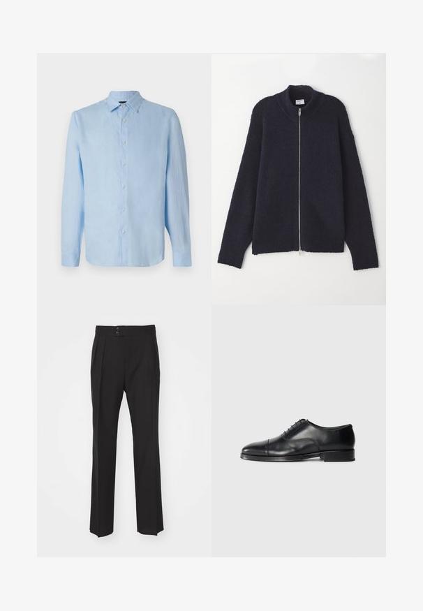 Tummansininen vetoketjullinen neule, jossa on teksturoitu neulekuvio, ribbireunat kauluksessa ja hihoissa, rento istuvuus ja hopeavetoketju.; Vaaleansininen pitkähihainen pellavapaita, jossa on nappiosasto, kaulus ja suora leikkaus. Pehmeä rakenne ilman näkyviä kuvioita.; Musta räätälöityjen housujen suora lahjamuoto, jossa on kaksi etutaskua ja kaksipainon suljin vyötäröllä. Sileä kangas.; Musta nahkakenkä pyöreällä kärjellä, sileällä pinnalla, nauhalla suljettuna, ja hienovaraisella sauman yksityiskohdalla, jossa on matala, tasapohjainen korko.