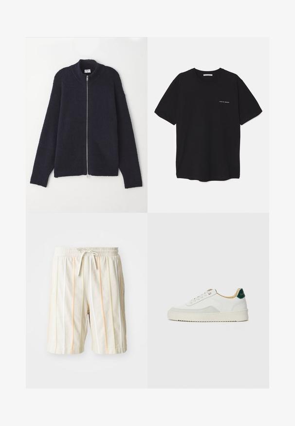 Navy zip-up sweater with a textured knit pattern, ribbed collar and cuffs, relaxed fit, and silver zipper.; Black cotton T-shirt with a crew neck, short sleeves, and a white logo print on the left chest. Simple, solid color design.; White lightweight shorts with vertical stripes in orange, yellow, and green. Features an elastic waistband with a drawstring closure.; White sneaker with suede accents, rounded toe, flat laces, and a cream rubber sole. Features green branding on the heel.
