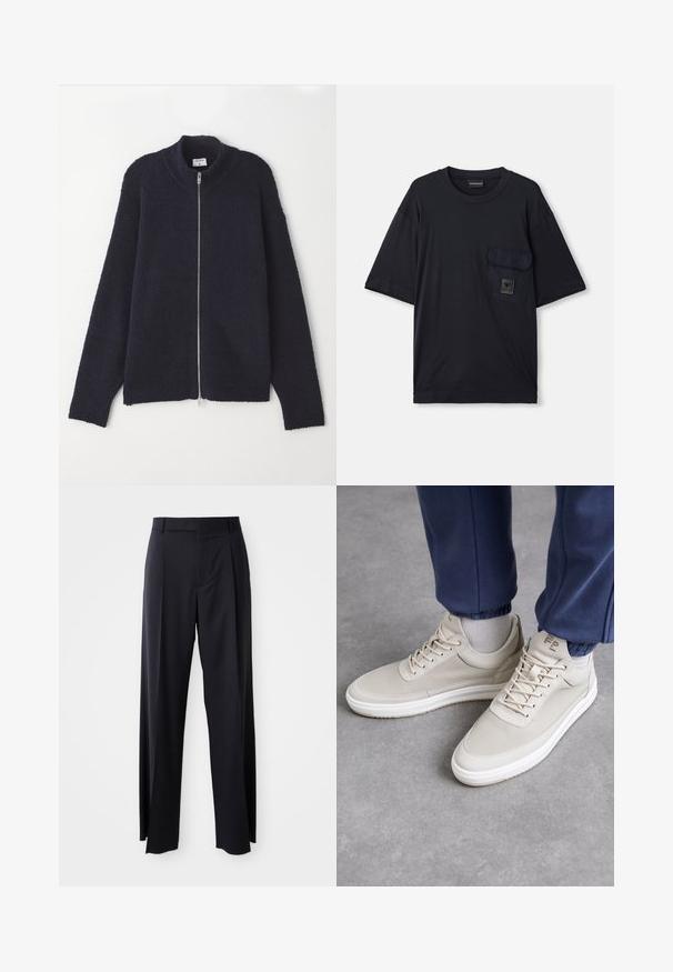 Maglione blu navy con chiusura a zip, caratterizzato da un motivo lavorato a maglia, colletto e polsini a coste, vestibilità rilassata e zip argentata.; T-shirt nero a maniche corte con collo a giro e tasca a patta sul lato sinistro del petto, caratterizzato da un piccolo logo rettangolare.; Pantaloni neri a vita alta con gamba larga, realizzati in tessuto liscio. Presentano pieghe frontali e passanti per cintura. Design minimalista, senza hardware visibile.; Sneaker beige con materiale testurizzato, punta rotonda, lacci e design minimalista. Suola bianca con dettagli beige chiaro. Indossato con pantaloni sportivi blu.
