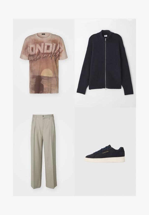 Jūras spēku zilas krāsas zip-up džemperis ar teksturētu adījuma rakstu, ribotām apkaklēm un piedurknēm, brīvas formas piegriezumu un sudraba rāvējslēdzēju.; Grafiska T-krekls mīkstā audumā, ar saulrieta dizainu, siluetu, mierīgām zemes toņos un ar vārdu "DONDU" izteiksmīgā fontā.; Filippa K WIDE TROUSERS - Auduma bikses - sage melange; Navy zila zamšas zema augstuma kedas ar baltu zoli, navy krāsas auklām un "Filling Pieces" logo zeltā sānos.