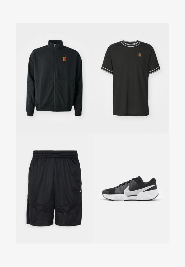 Sort zip-up jakke med høj krave. Fremstillet af glat, letvægtsstof og med et lille flerfarvet logo på brystet.; Sort kortærmet t-shirt lavet af mesh-stof, med hvid kant på kraven og ærmerne, og et lille gult og rødt logo på brystet.; Blå sportsshorts lavet af tekstureret mesh-stof, med en elastisk talje og krydsende sømdetaljer. Lille hvidt logo på siden.; Sorte athletic sko med en tekstureret overdel, hvidt swoosh-logo, polstret hæl og en kontrasterende hvid sål med et zigzagmønster.