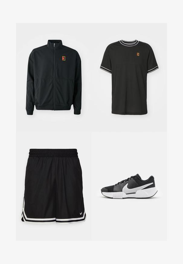 Svart zip-up jacka med hög krage. Tillverkad av slätt, lättviktigt tyg och har en liten flerfärgad logotyp på bröstet.; Svart kortärmad t-shirt i nätmaterial, med vit kant på kragen och ärmarna, samt en liten gul och röd logotyp på bröstet.; Svart träningsshorts i andningsaktivt tyg, med en slät midja, vita sidostråk och en liten logotyp på nedre högra sidan.; Svarta träningsskor med en texturerad ovandel, vit swoosh-logotyp, vadderad häl och en kontrasterande vit sula med ett zickzack-mönster.