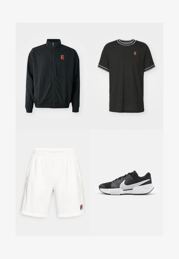 Casaco preto com fecho éclair e gola alta. Feito de um tecido leve e suave, apresentando um pequeno logótipo multicolorido no peito.; T-shirt preto de manga curta feito de tecido em malha, com detalhes brancos no colarinho e nas mangas, e um pequeno logótipo amarelo e vermelho no peito.; Fila SHORTS SANTANA - Calções desportivos - white alyssum; Sapatos atléticos pretos com um cabedal texturizado, logótipo swoosh branco, calcanhar acolchoado e uma sola branca em contraste com um padrão em zigzag.