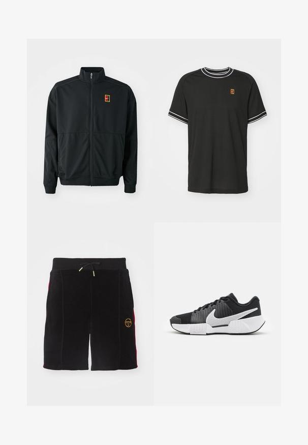 Chaqueta negra con cremallera y cuello alto. Confeccionada en tejido liso y ligero, presenta un pequeño logo multicolor en el pecho.; Camiseta negra de manga corta hecha de tejido de malla, con ribetes blancos en el cuello y las mangas, y un pequeño logotipo amarillo y rojo en el pecho.; Pantalones cortos de terciopelo negro con cintura ajustable, acentos laterales rojos y un logotipo bordado en dorado en la pierna izquierda. Textura suave, de largo hasta la rodilla.; Zapatillas deportivas negras con parte superior texturizada, logo de swoosh blanco, talón acolchado y suela blanca contrastante con un patrón en zigzag.