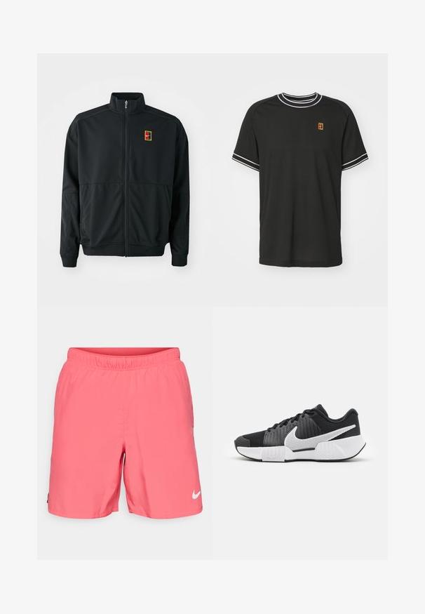 Chaqueta negra con cremallera y cuello alto. Confeccionada en tejido liso y ligero, presenta un pequeño logo multicolor en el pecho.; Camiseta negra de manga corta hecha de tejido de malla, con ribetes blancos en el cuello y las mangas, y un pequeño logotipo amarillo y rojo en el pecho.; Nike Performance CHALLENGER SHORT - Pantalón corto de deporte - aster pink/dark pony/black/reflective silver; Zapatillas deportivas negras con parte superior texturizada, logo de swoosh blanco, talón acolchado y suela blanca contrastante con un patrón en zigzag.