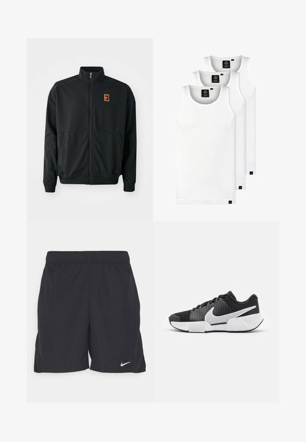 Schwarze Zip-Jacke mit hohem Kragen. Hergestellt aus glattem, leichtem Stoff und mit einem kleinen, mehrfarbigen Logo auf der Brust.; Drei weiße, gerippte Tanktops aus Baumwolle. Merkmale einen Rundhalsausschnitt und kleine schwarze Etiketten am Saum. In mehreren Größen erhältlich.; Schwarze Sportshorts aus leichtem Material, mit einem elastischen Bund und einem kleinen weißen Nike-Logo auf der linken unteren Seite.; Schwarze Sportschuhe mit einer strukturierten Oberseite, weißem Swoosh-Logo, gepolstertem Fersenbereich und einer kontrastierenden weißen Sohle mit einem Zickzackmuster.