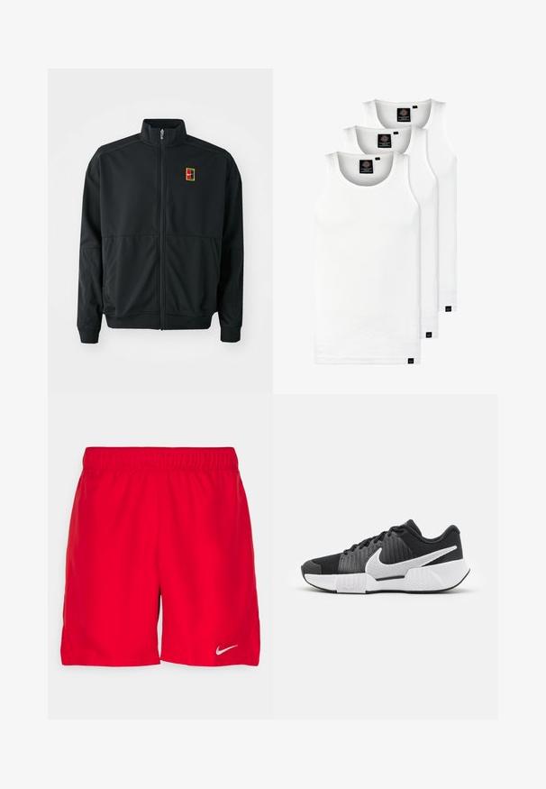 Schwarze Zip-Jacke mit hohem Kragen. Hergestellt aus glattem, leichtem Stoff und mit einem kleinen, mehrfarbigen Logo auf der Brust.; Drei weiße, gerippte Tanktops aus Baumwolle. Merkmale einen Rundhalsausschnitt und kleine schwarze Etiketten am Saum. In mehreren Größen erhältlich.; Rote Sportshorts mit elastischem Bund, aus leichtem Material gefertigt. Auf der unteren linken Seite befindet sich ein kleines silbernes Nike-Logo.; Schwarze Sportschuhe mit einer strukturierten Oberseite, weißem Swoosh-Logo, gepolstertem Fersenbereich und einer kontrastierenden weißen Sohle mit einem Zickzackmuster.