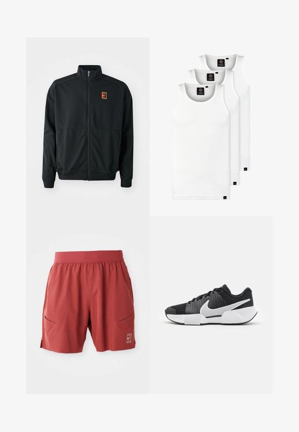 Black zip-up jacket with a high collar. Made of smooth, lightweight fabric, featuring a small multi-colored logo on the chest.; Three white ribbed tank tops made of cotton. Features a crew neck and small black labels near the hem. Available in multiple sizes.; Red athletic shorts with an elastic waistband, two side pockets, and a small logo on the lower right. Smooth texture, mid-thigh length.; Black athletic shoes with a textured upper, white swoosh logo, padded heel, and a contrasting white sole featuring a zigzag pattern.