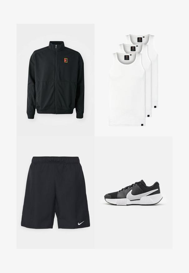 Schwarze Zip-Jacke mit hohem Kragen. Hergestellt aus glattem, leichtem Stoff und mit einem kleinen, mehrfarbigen Logo auf der Brust.; Drei weiße, gerippte Tanktops aus Baumwolle. Merkmale einen Rundhalsausschnitt und kleine schwarze Etiketten am Saum. In mehreren Größen erhältlich.; Schwarze Sportshorts mit elastischem Bund. Hergestellt aus leichtem Stoff, mit einem weißen Nike-Logo auf der unteren rechten Seite.; Schwarze Sportschuhe mit einer strukturierten Oberseite, weißem Swoosh-Logo, gepolstertem Fersenbereich und einer kontrastierenden weißen Sohle mit einem Zickzackmuster.