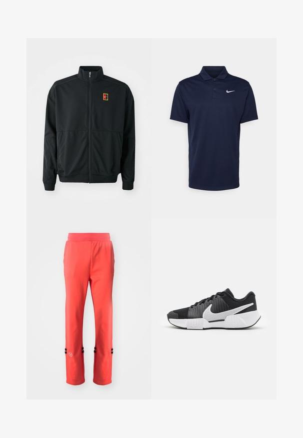 Svart zip-up jacka med hög krage. Tillverkad av slätt, lättviktigt tyg och har en liten flerfärgad logotyp på bröstet.; Marinblå polo skjorta i mjukt tyg, med treknappsplacket, korta ärmar och en liten vit Nike-logotyp på bröstet.; Korallfärgade träningbyxor med bred midjeresår, som har svarta randiga detaljer vid nederkanten och en liten logotyp på vänster sida. Slät yta.; Svarta träningsskor med en texturerad ovandel, vit swoosh-logotyp, vadderad häl och en kontrasterande vit sula med ett zickzack-mönster.