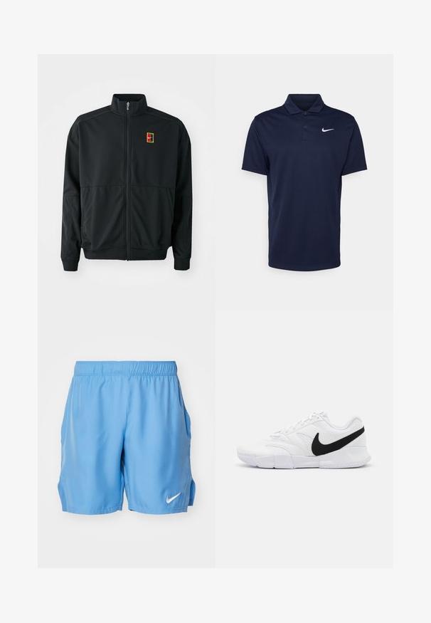 Svart zip-up jakke med høy krage. Laget av glatt, lett stoff, med en liten flerfarget logo på brystet.; Marineblå piké laget av glatt stoff, med en tre-knappers knappestolpe, korte ermer, og en liten hvit Nike-logo på brystet.; Lyseblå treningsshorts med elastisk midjebånd, sidelommer og en liten hvit Nike-logo nederst til høyre foran. Glatt stofftekstur.; Hvite joggesko med teksturert overdel, svart Nike-svaff, polstret krage og en solid gummiyttersåle med mønstrede spor.