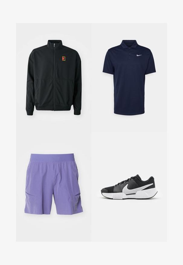 Black zip-up jacket with a high collar. Made of smooth, lightweight fabric, featuring a small multi-colored logo on the chest.; Navy blue polo shirt made of smooth fabric, featuring a three-button placket, short sleeves, and a small white Nike logo on the chest.; Purple shorts made of lightweight material, featuring an elastic waistband and two side pockets. Simple design with a subtle logo detail.; Black athletic shoes with a textured upper, white swoosh logo, padded heel, and a contrasting white sole featuring a zigzag pattern.