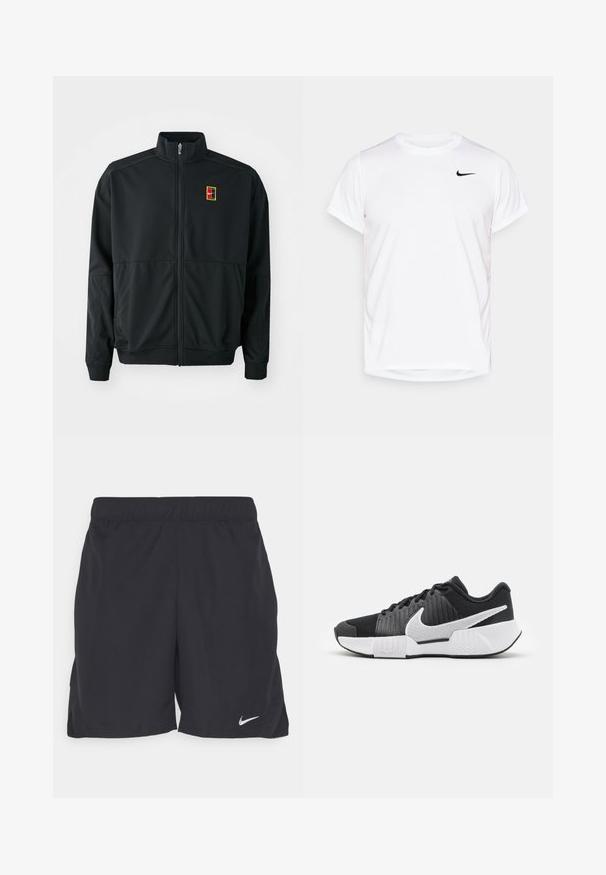 Black zip-up jacket with a high collar. Made of smooth, lightweight fabric, featuring a small multi-colored logo on the chest.; White short-sleeve Nike t-shirt made of smooth synthetic material, featuring a black logo on the left side of the chest.; Black athletic shorts made of lightweight fabric, featuring an elastic waistband and a small white Nike logo on the lower left side.; Black athletic shoes with a textured upper, white swoosh logo, padded heel, and a contrasting white sole featuring a zigzag pattern.