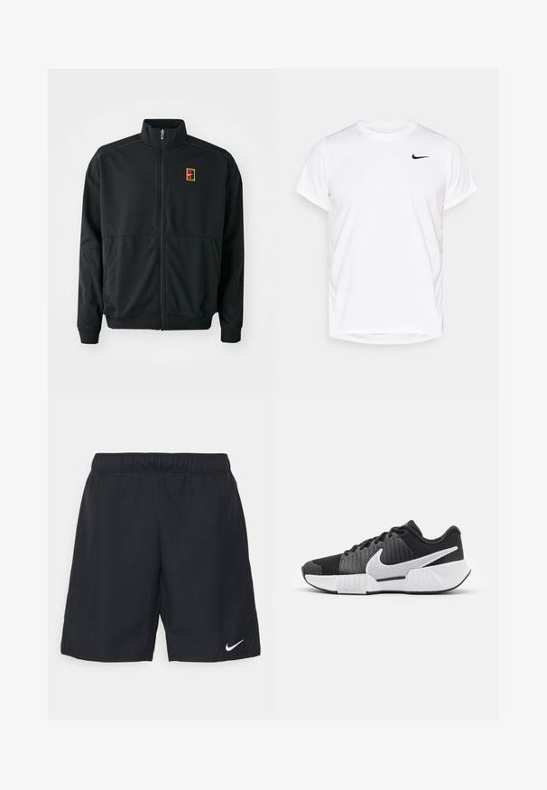 Czarna kurtka z zamkiem błyskawicznym i wysokim kołnierzem. Wykonana z gładkiego, lekkiego materiału, z małym, wielokolorowym logo na klatce piersiowej.; Biała koszulka Nike z krótkim rękawem, wykonana z gładkiego materiału syntetycznego, z czarnym logo po lewej stronie klatki piersiowej.; Czarne sportowe szorty z elastycznym pasem. Wykonane z lekkiego materiału, z białym logo Nike na dolnym prawym boku.; Czarne buty sportowe z teksturowaną cholewką, białym logo swoosh, wyściełanym zapiętkiem oraz kontrastującą białą podeszwą z wzorem w zygzak.