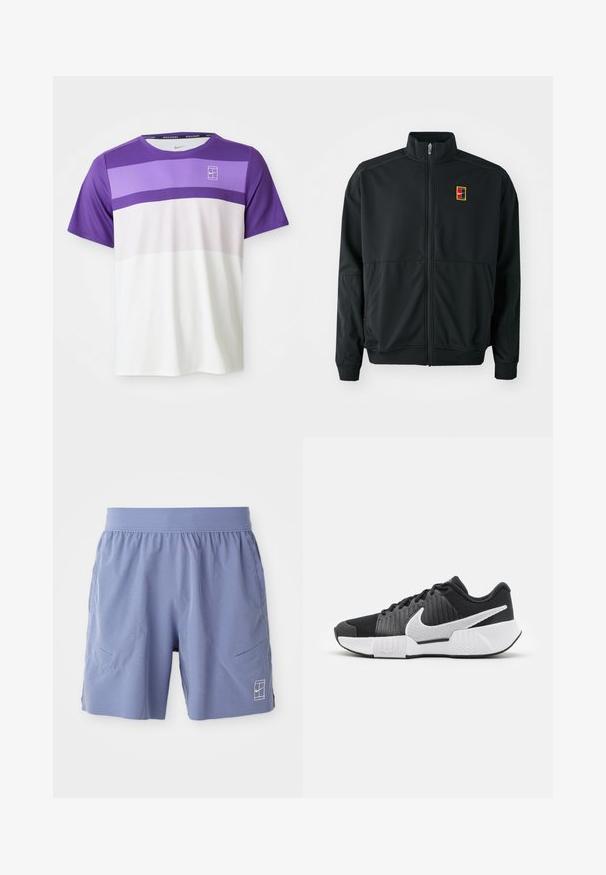 Giacca nera con zip e colletto alto. Realizzata in tessuto leggero e liscio, presenta un piccolo logo multicolore sul petto.; T-shirt sportivo Nike a maniche corte con blocchi di colore orizzontali in viola, lavanda, rosa chiaro e bianco, e logo NikeCourt sul petto.; Pantaloncini sportivi azzurri chiari con cintura elasticizzata, due tasche laterali e un piccolo logo bianco sul fronte in basso a destra. Texture liscia.; Scarpe sportive nere con una parte superiore testurizzata, logo swoosh bianco, tallone imbottito e una suola bianca a contrasto con un motivo a zigzag.
