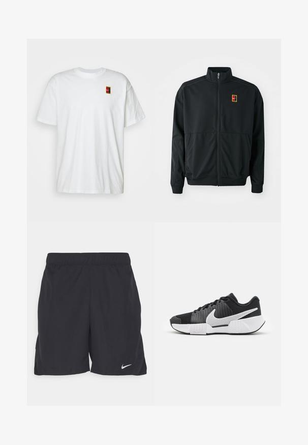 Black zip-up jacket with a high collar. Made of smooth, lightweight fabric, featuring a small multi-colored logo on the chest.; White cotton T-shirt with a crew neck and short sleeves. Features a small colored logo design on the upper left chest area.; Black athletic shorts made of lightweight fabric, featuring an elastic waistband and a small white Nike logo on the lower left side.; Black athletic shoes with a textured upper, white swoosh logo, padded heel, and a contrasting white sole featuring a zigzag pattern.