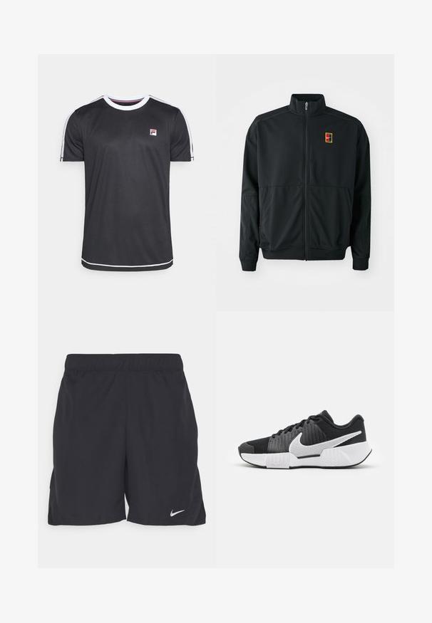 Chaqueta negra con cremallera y cuello alto. Confeccionada en tejido liso y ligero, presenta un pequeño logo multicolor en el pecho.; Fila ELIAS - Camiseta deportiva - black/white; Pantalones cortos deportivos negros hechos de un tejido ligero, con una cinturilla elástica y un pequeño logo blanco de Nike en la parte inferior izquierda.; Zapatillas deportivas negras con parte superior texturizada, logo de swoosh blanco, talón acolchado y suela blanca contrastante con un patrón en zigzag.