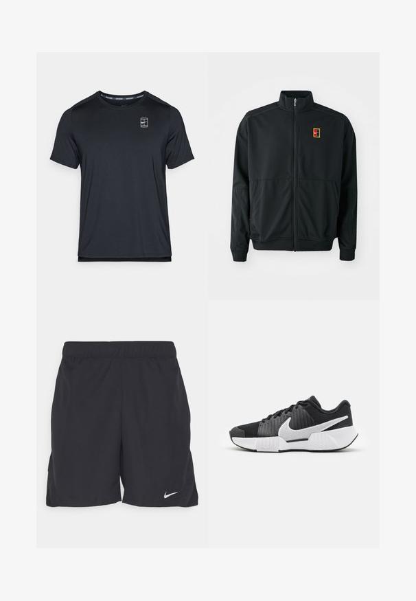 Casaco preto com fecho éclair e gola alta. Feito de um tecido leve e suave, apresentando um pequeno logótipo multicolorido no peito.; Camiseta atlética preta de manga curta, feita de um tecido suave, com um pequeno logotipo no peito e um decote redondo.; Shorts atléticos pretos feitos de um tecido leve, com um cós elástico e um pequeno logo da Nike branco no lado inferior esquerdo.; Sapatos atléticos pretos com um cabedal texturizado, logótipo swoosh branco, calcanhar acolchoado e uma sola branca em contraste com um padrão em zigzag.