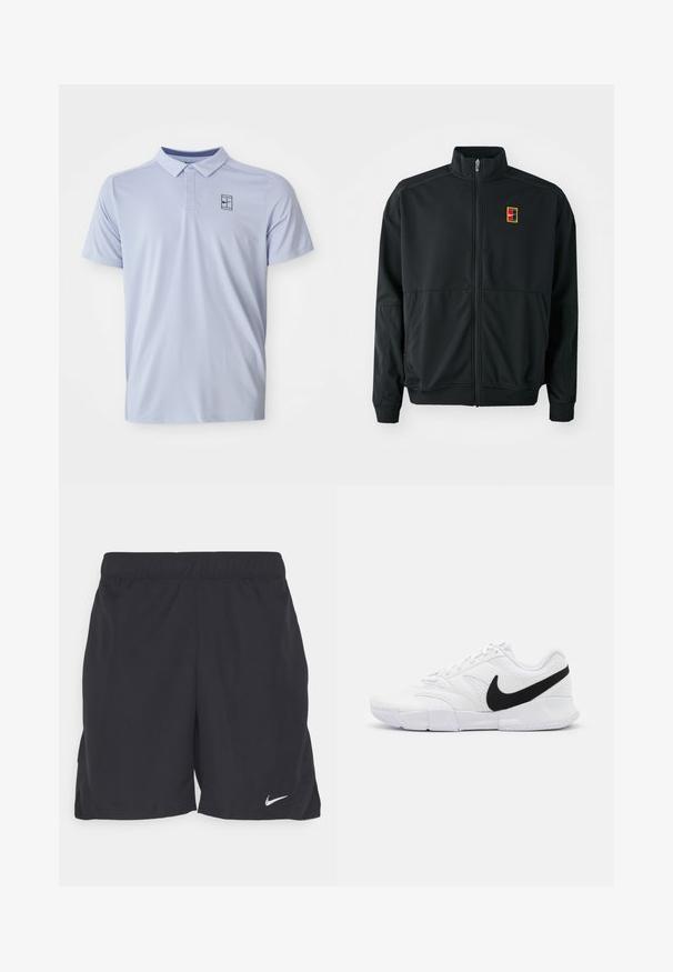 Svart zip-up jacka med hög krage. Tillverkad av slätt, lättviktigt tyg och har en liten flerfärgad logotyp på bröstet.; Ljusblå pikétröja med krage, korta ärmar och ett subtilt texturerat mönster. Har en liten mörk logotyp på övre vänstra sidan.; Svarta sportbyxor i lättviktig tyg, med elastisk midja och en liten vit Nike-logotyp på nedre vänstra sidan.; Vita idrottsskor med en texturerad ovandel, svart Nike-logotyp, vadderad krage samt en solid gummisula med mönstrad slitbana.