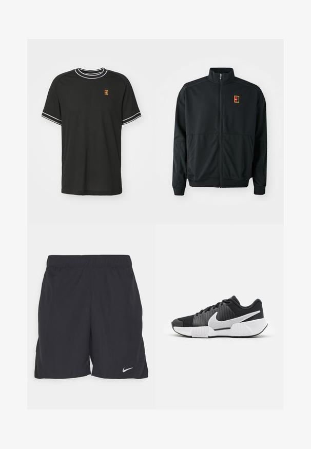 Casaco preto com fecho éclair e gola alta. Feito de um tecido leve e suave, apresentando um pequeno logótipo multicolorido no peito.; T-shirt preto de manga curta feito de tecido em malha, com detalhes brancos no colarinho e nas mangas, e um pequeno logótipo amarelo e vermelho no peito.; Shorts atléticos pretos feitos de um tecido leve, com um cós elástico e um pequeno logo da Nike branco no lado inferior esquerdo.; Sapatos atléticos pretos com um cabedal texturizado, logótipo swoosh branco, calcanhar acolchoado e uma sola branca em contraste com um padrão em zigzag.
