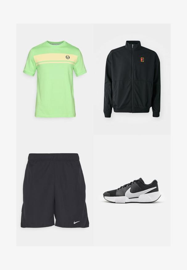 Black zip-up jacket with a high collar. Made of smooth, lightweight fabric, featuring a small multi-colored logo on the chest.; Light green cotton T-shirt with yellow horizontal stripes and a small navy logo on the chest. Crew neck and short sleeves.; Black athletic shorts made of lightweight fabric, featuring an elastic waistband and a small white Nike logo on the lower left side.; Black athletic shoes with a textured upper, white swoosh logo, padded heel, and a contrasting white sole featuring a zigzag pattern.