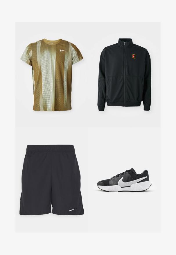 Mustaan zip-up-takki korkealla kauluksella. Valmistettu sileästä, kevyestä kankaasta, jossa on pieni monivärinen logo rinnassa.; Lyhythihainen Nike T-paita ruskean ja kerman sävyissä, jossa on pystysuoria raitoja ja ruutukuvioita. Varustettu pyöreällä kaula-aukolla ja huomaamattomalla logolla.; Mustat urheilushortsit, jotka on valmistettu kevyestä kankaasta. Niissä on joustava vyötärönauha ja pieni valkoinen Nike-logo vasemmassa alareunassa.; Mustat urheilukengät, joissa on tekstuuri päällä, valkoinen swoosh-logo, pehmustettu kanta ja kontrastivalkoinen pohja, jossa on sahalaitakuviota.