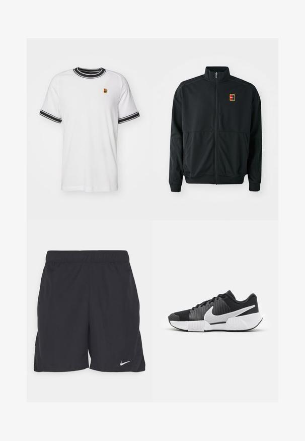 Chaqueta negra con cremallera y cuello alto. Confeccionada en tejido liso y ligero, presenta un pequeño logo multicolor en el pecho.; Camiseta blanca de manga corta con cuello y puños a rayas negras. Presenta un pequeño logo colorido en el pecho. Fabricada en tejido de malla.; Pantalones cortos deportivos negros hechos de un tejido ligero, con una cinturilla elástica y un pequeño logo blanco de Nike en la parte inferior izquierda.; Zapatillas deportivas negras con parte superior texturizada, logo de swoosh blanco, talón acolchado y suela blanca contrastante con un patrón en zigzag.