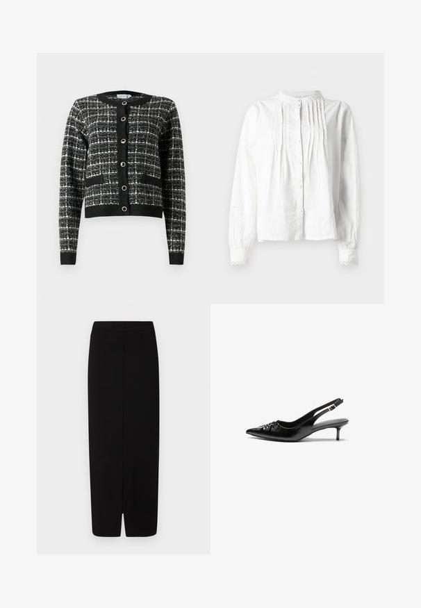 Schwarz-weißer gemusterter Cardigan mit rundem Ausschnitt, vorderer Knopfleiste, zwei Taschen und gerippten Bündchen, aus strukturiertem Stoff gefertigt.; Weißes Langarmbluse mit Stehkragen, vertikalen Falten auf der Vorderseite, Knopfverschluss und Spitzenborten an den Manschetten.; Schwarzer Bleistiftrock aus glattem Stoff, mit hoher Taille, zwei vorderen Falten und einem Schlitz am Saum für Bewegungsfreiheit.; Schwarze Slingback-Pumps aus Leder mit spitz zulaufender Schuhspitze, niedrigem Kitten-Heel und gerafftem Detail am Vorderblatt. Glatte Textur und minimalistisches Design.