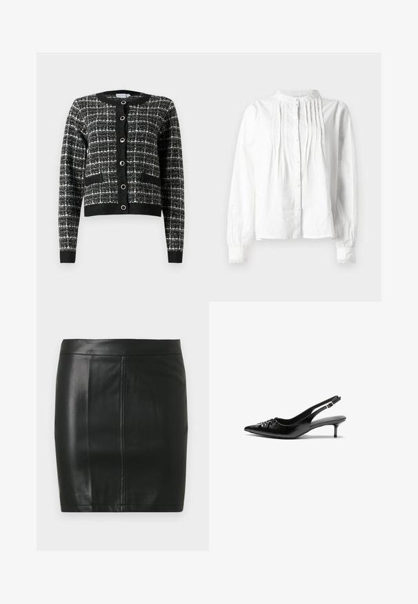 Black and white patterned cardigan with a round neckline, front button closure, two pockets, and ribbed cuffs, made of textured fabric.; White long-sleeve blouse with stand collar, vertical pleats on front, button closure, and lace-trimmed cuffs.; Black leather mini skirt with a smooth texture, featuring two vertical seams at the front and a clean, fitted design.; Black leather slingback heels with a pointed toe, small kitten heel, and a decorative knot detail on the front. Smooth texture throughout.